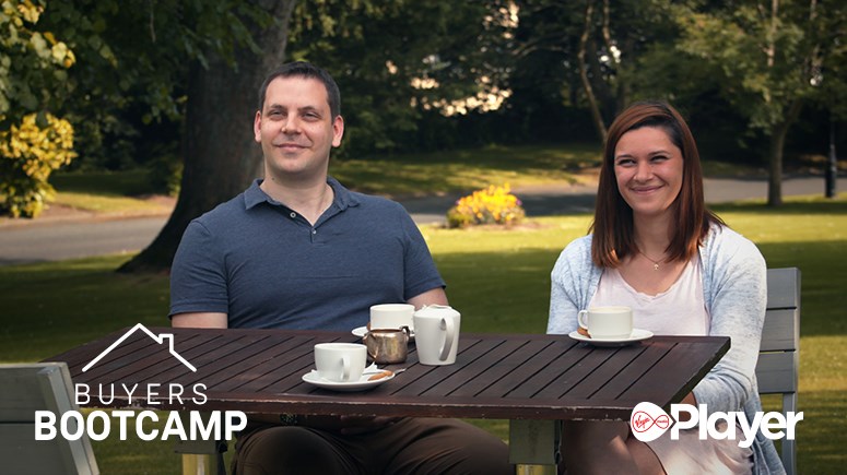 Daniel and Orysola seating in in an outdoor cafe, logos on image 'Buyers Bootcamp' and 'Virgin Media Player'
